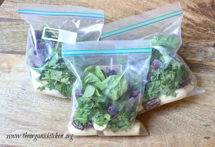 The ingredients for Blackberry and Baby Kale Breakfast Smoothie in baggies