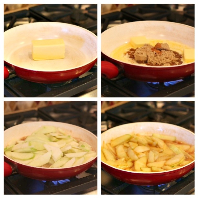 A collage depicting how to cook apples in butter and brown sugar