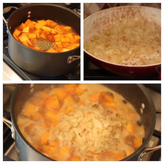 Three photos depicting the process of making savory pumpkin soup