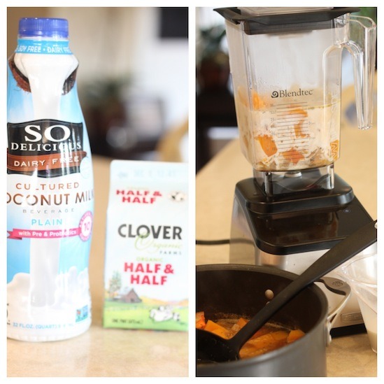 Two photos showing how to bend Creamy Butternut Squash Soup in a blender