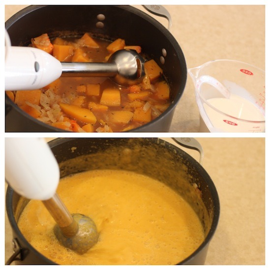 Creamy Butternut Squash Soup in a stock pot being blended with an immersion blender