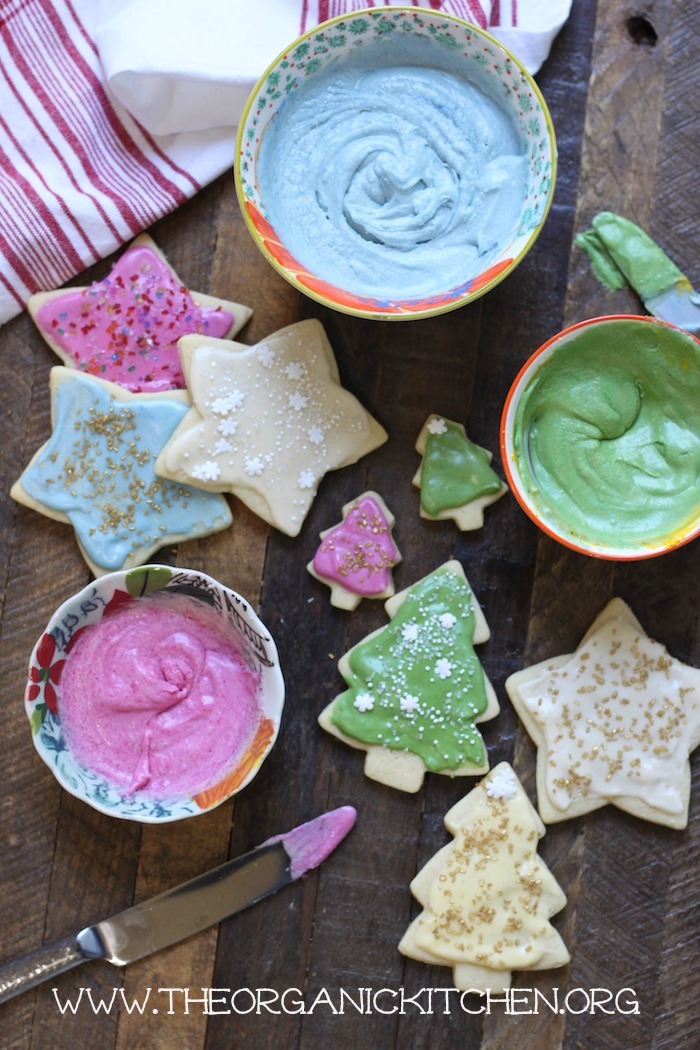 Traditional Rolled Sugar Cookies with a New Twist and bowls of colorful icing
