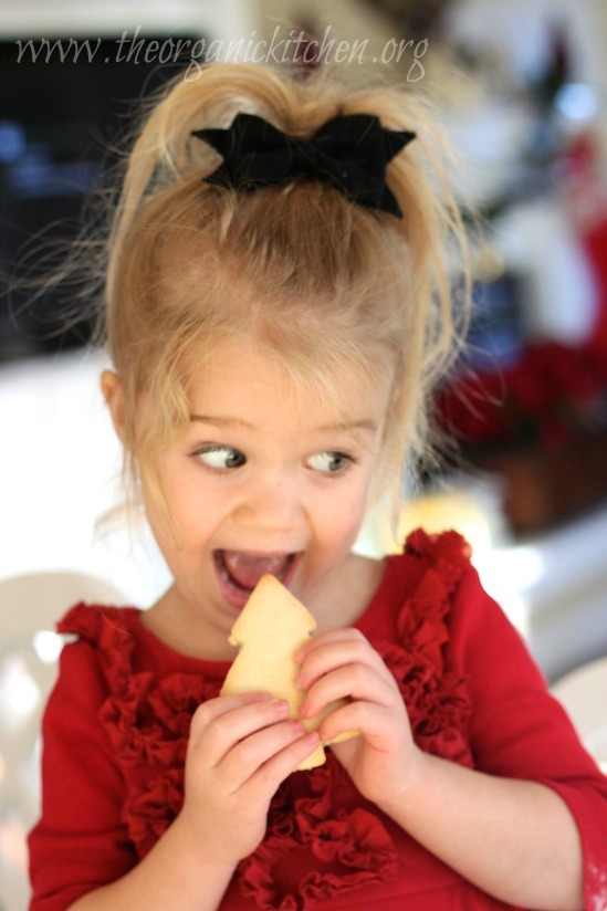 A little girl in red dress eating a Traditional Rolled Sugar Cookie