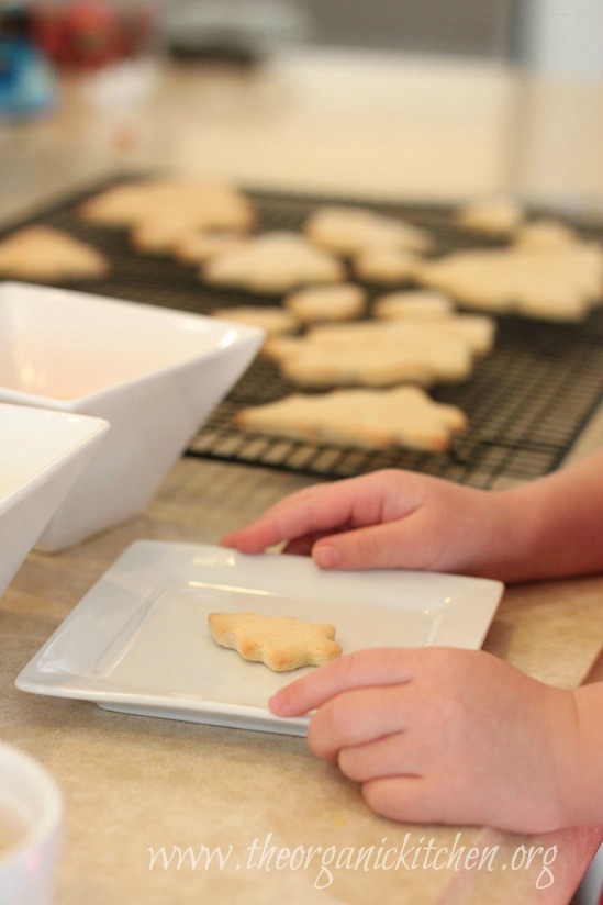 Traditional Rolled Sugar Cookies on cooking rack with child's hands holding plate with cookie on it