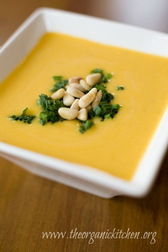 A white bowl full of Creamy Butternut Squash Soup with a Paleo/Whole 30 option