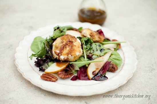 Greens with Warm Breaded Goat Cheese and Fig Balsamic