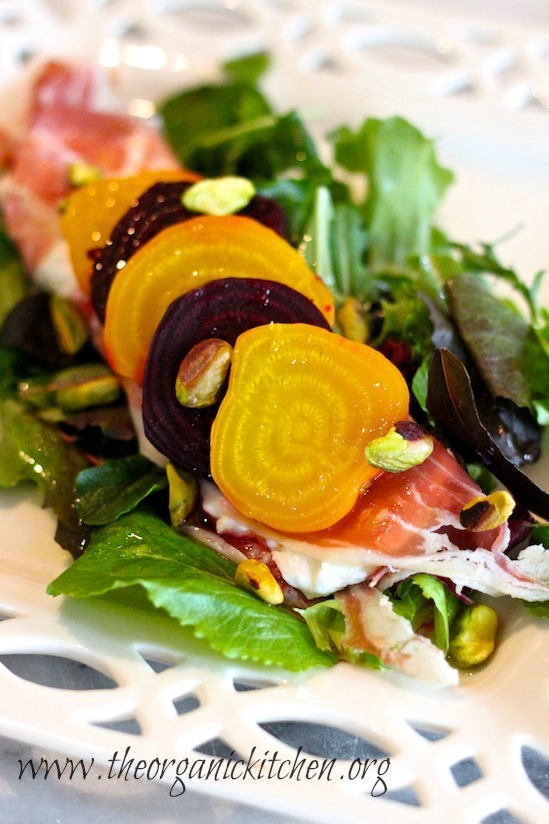 Greens with Slow Roasted Beets, Prosciutto and Burrata Cheese with a Sweet Honey Lemon Vinaigrette