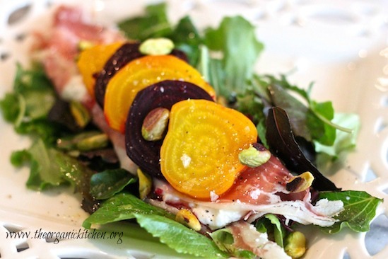 Greens with Slow Roasted Beets, Prosciutto and Burrata Cheese with a Sweet Honey Lemon Vinaigrette