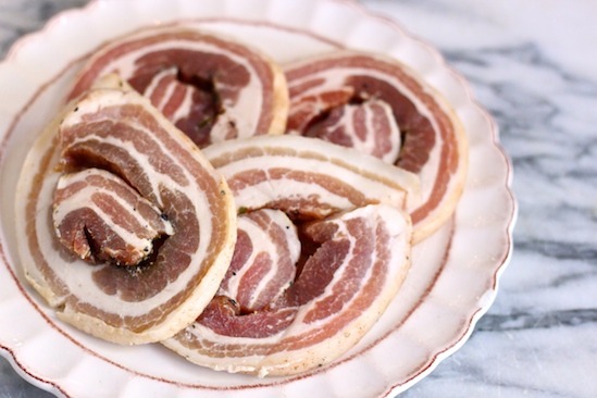 Pancetta, before cooking, to be used in Spring Salad with Honey Chipotle Vinaigrette