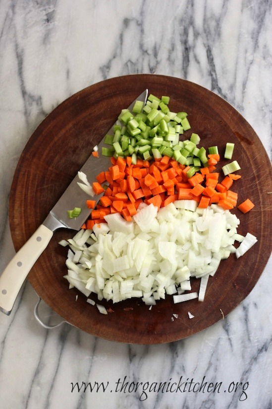 Chopped celery, onions and carrots for Gluten Free Minestrone Soup