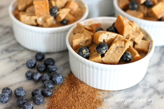 Heavenly Blueberry Bread Pudding in ramekins before baking