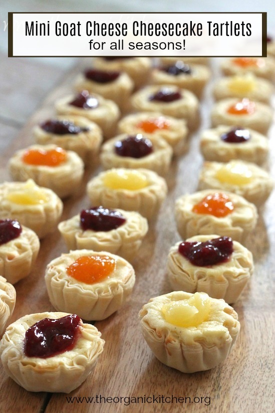 Mini Goat Cheese Cheesecake Tartlets for All Seasons on a wooden platter