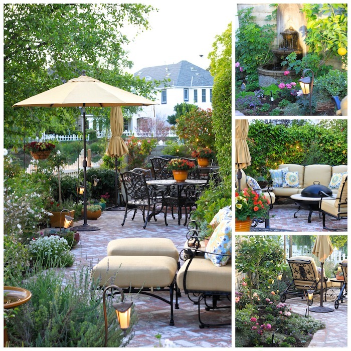 A small but pretty yard with umbrella and patio furniture: Planting a Raised Bed Herb Garden