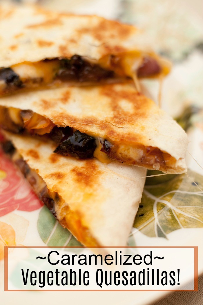 Three Caramelized Vegetable Quesadillas stacked on a small plate