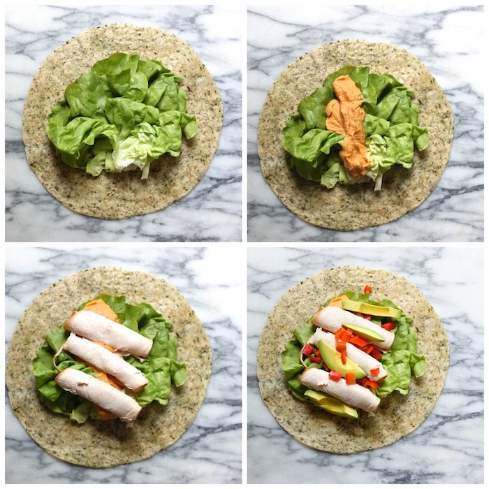 A collage demonstrating how to make the Turkey Hummus Wrap~ Five Minute Lunch!