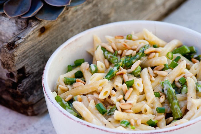 penne pasta with asparagus and pine nuts from The Organic Kitchen