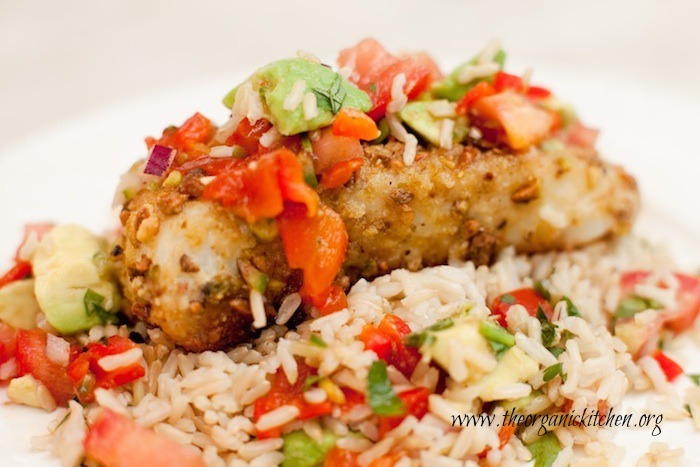 Pistachio Crusted Halibut with Roasted Red Pepper Salsa on a bed of rice!