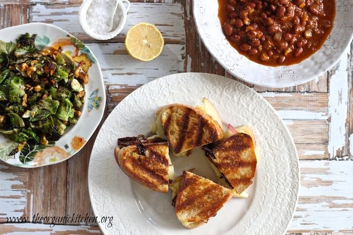 Grilled Cheese with Apples and Caramelized Onions, Crispy Brussels Sprout Leaves