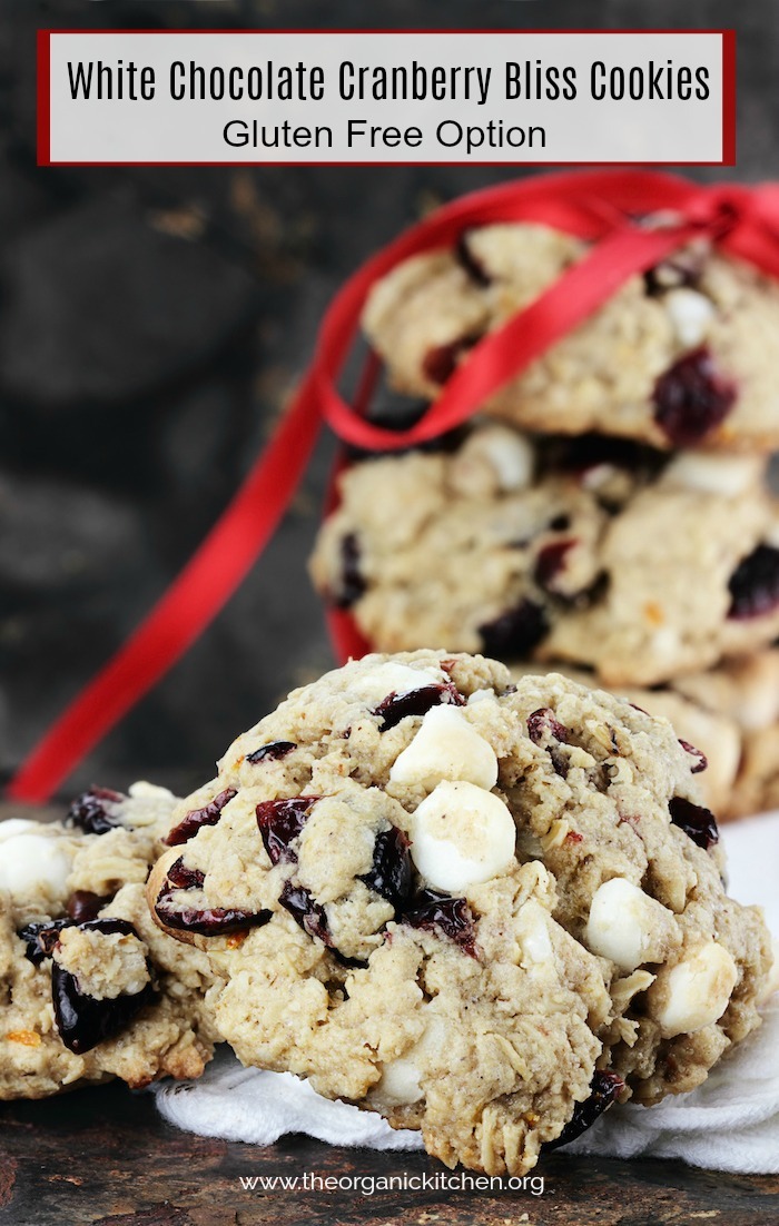 White Chocolate Cranberry Bliss Cookies (with a gluten free option) tied with red ribbon 