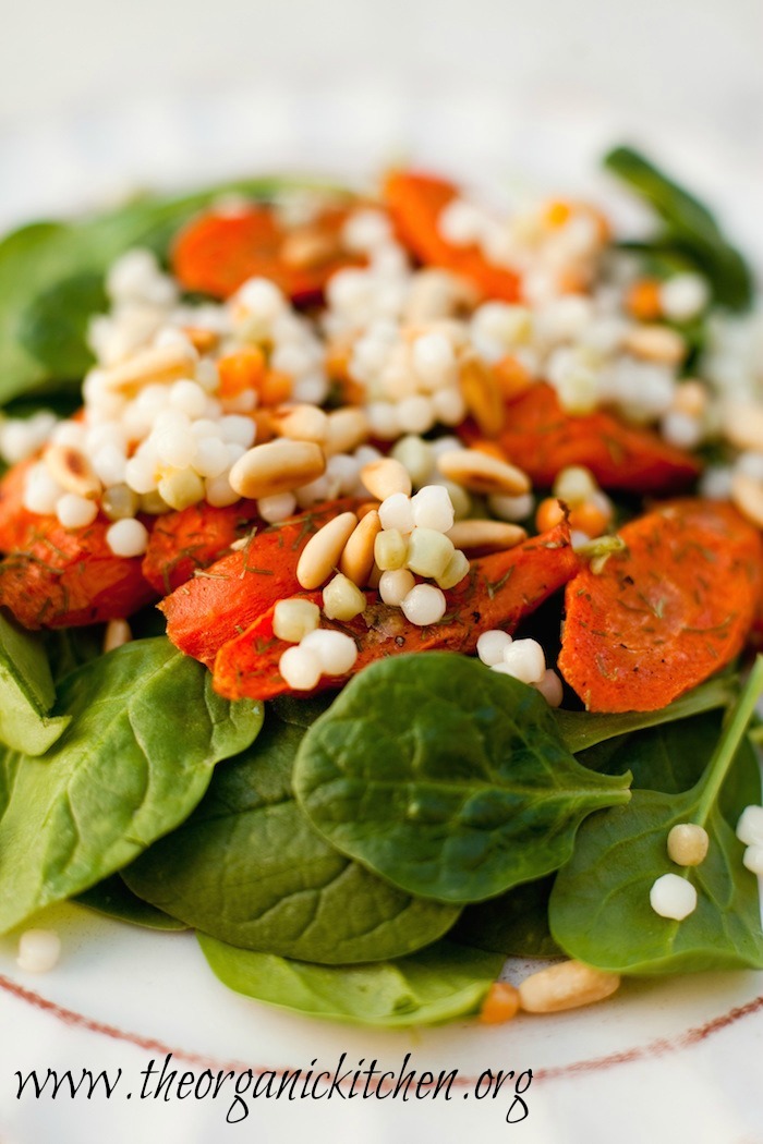 Baby Spinach Salad with Roasted Carrots and Israeli Couscous