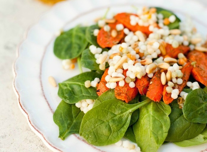 Baby Spinach Salad with Roasted Carrots and Israeli Couscous