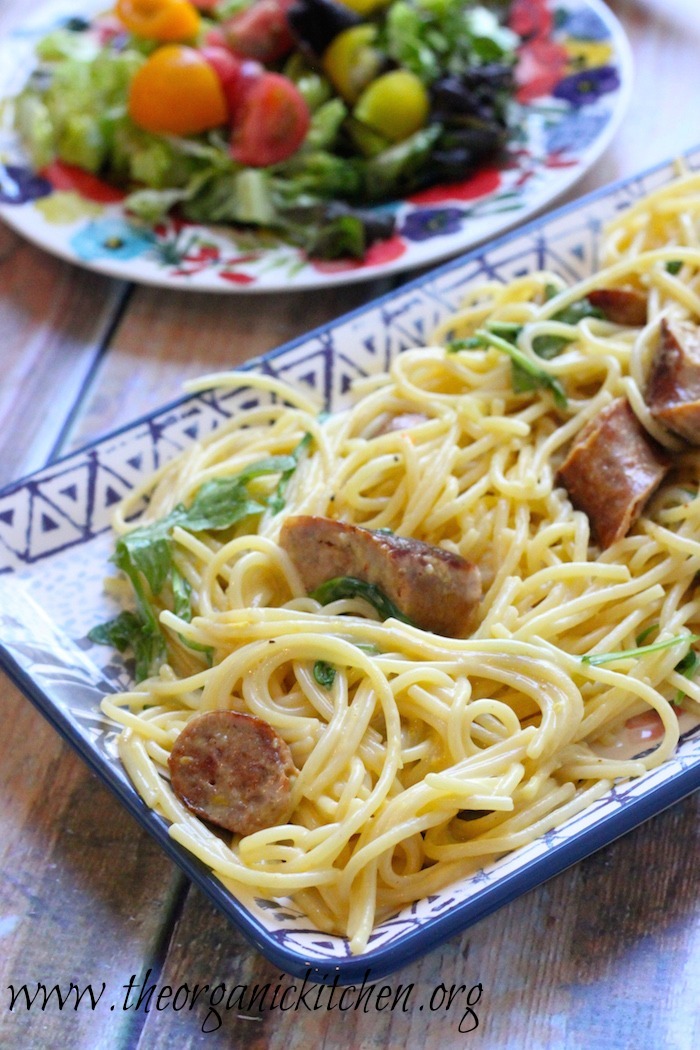 Spaghetti Carbonara with Spicy Italian Sausage and Rocket!