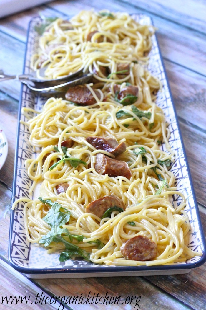 Spaghetti Carbonara with Spicy Italian Sausage and Rocket!