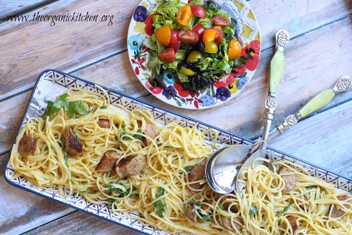 Spaghetti Carbonara with Spicy Italian Sausage and Rocket!