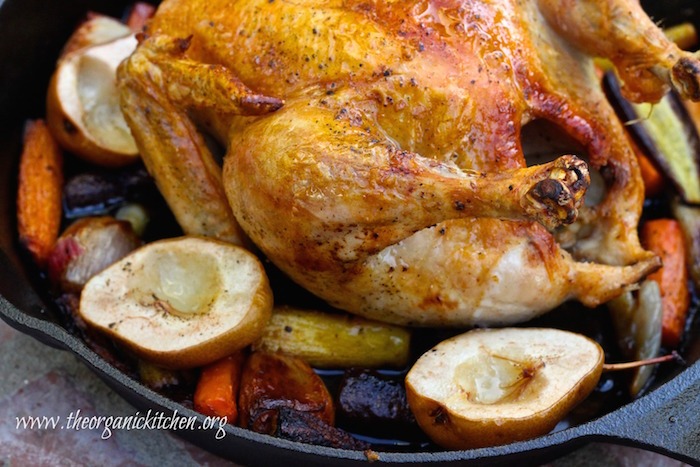Roasted Skillet Chicken with Honey Ginger Carrots and Forelle Pears