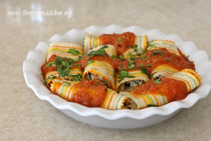 Three Cheese Lasagna Rolls with Chicken and Butternut Squash Sauce