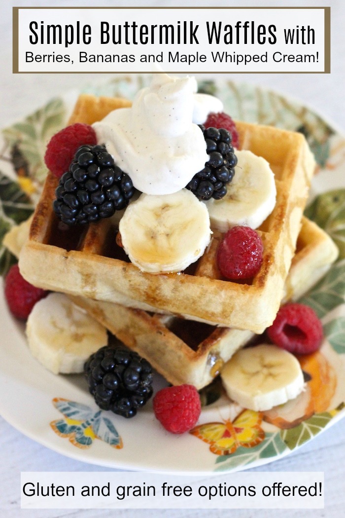 Buttermilk Waffles with Berries, Bananas and Maple Whipped Cream #buttermilkwaffles #glutenfreewaffles #mapleswetenedwhippedcream