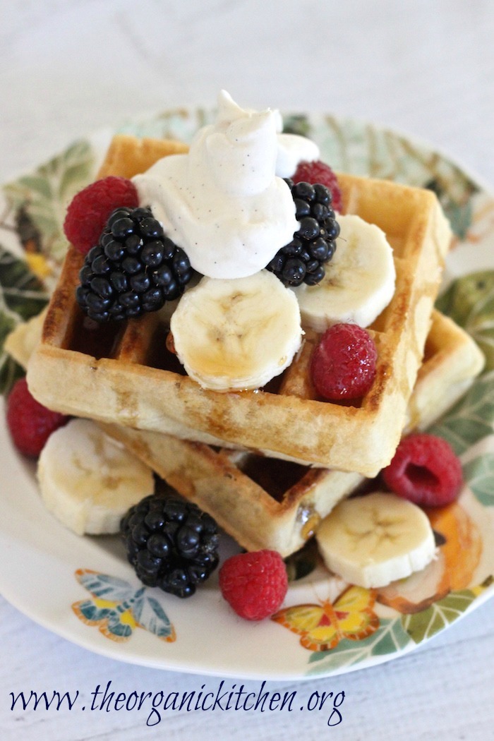Simple Buttermilk Waffles with Berries, Bananas and Maple Whipped Cream