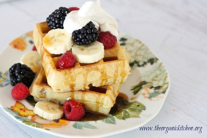Buttermilk Waffles with Berries, Bananas and Maple Whipped Cream #buttermilkwaffles #glutenfreewaffles #mapleswetenedwhippedcream