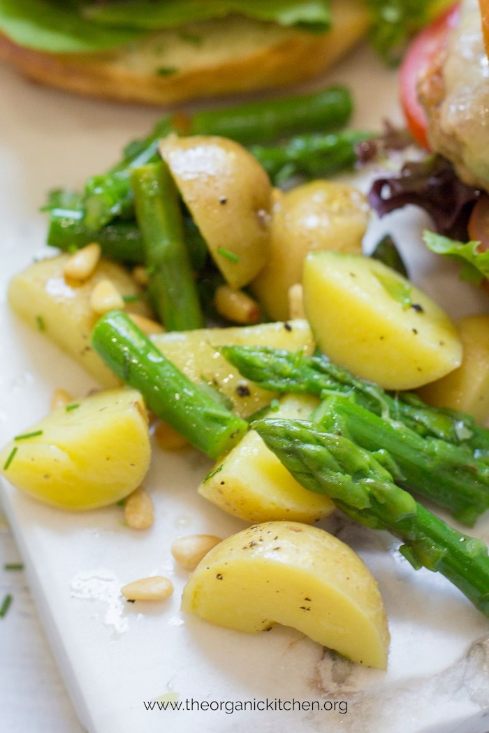 Simple Potato and Asparagus Salad on marble board