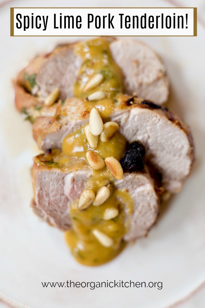 Grilled Spicy Lime Pork Tenderloin garnished with pine nuts 