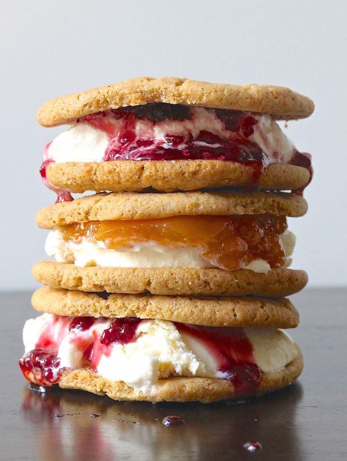 Three Almond Butter and Jam Ice Cream Cookie Sandwiches stacked