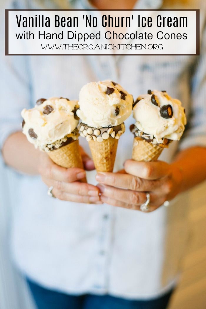 A woman's hands holding three No Churn Vanilla Bean Ice Cream with Hand Dipped Cones