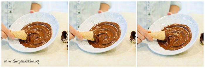 Hands showing how to dip ice cream cones in a bowl of melted chocolate for Vanilla Bean Ice Cream with Hand Dipped Cones