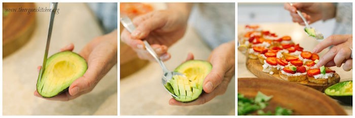 A woman demonstrating how to score and slice and avocado to be used for making Strawberry and Avocado Bruschetta: Bruschetta California Style!