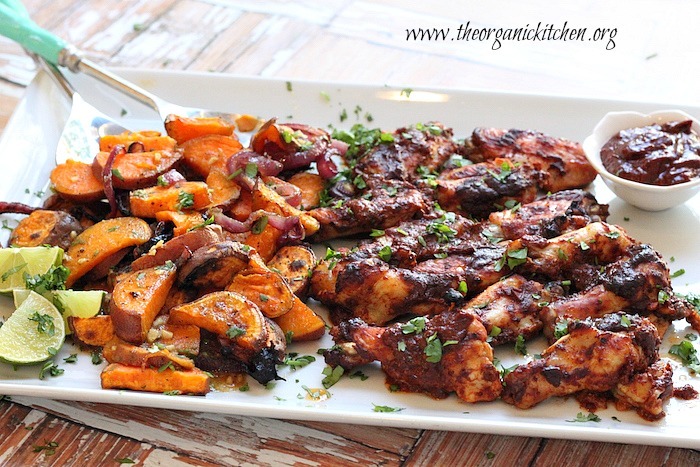 Chipotle Roasted Chicken Wings with Sweet Potatoes and Salsa Verde!