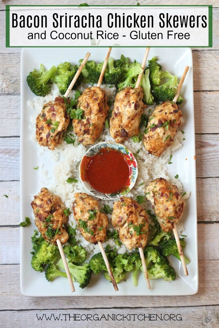 Bacon Sriracha Chicken Skewers and Coconut Rice surrounded by steamed broccoli on a white platter