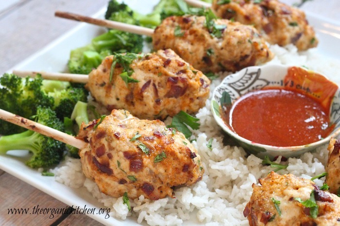 Bacon Siracha Chicken Skewers and Coconut Rice with broccoli and sriracha sauce