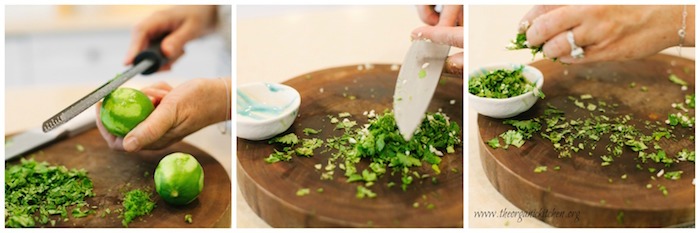 A collage of a woman demonstrating how to make gremolata 