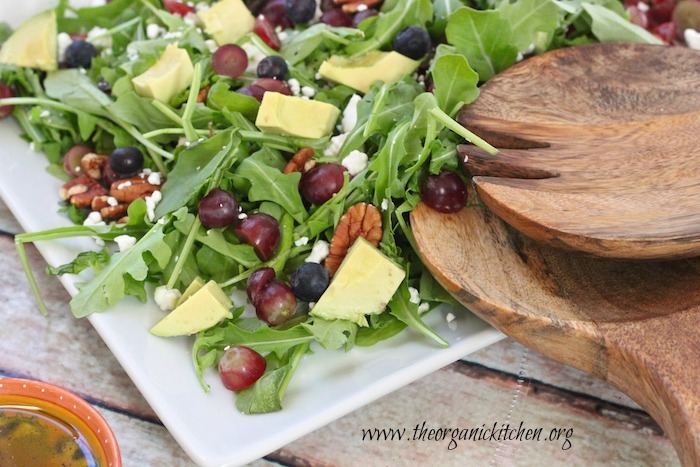 A close up of the Blueberry and Avocado Salad on a white platter