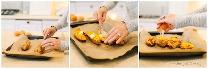 A demonstration of how to cut, and fill Twice Baked Sweet Potatoes with Bacon and Eggs