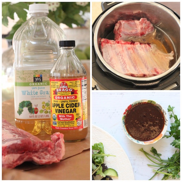 A collage of pictures showing the ingredients and process for making "BBQ" Baby Back Ribs (Instant Pot) 