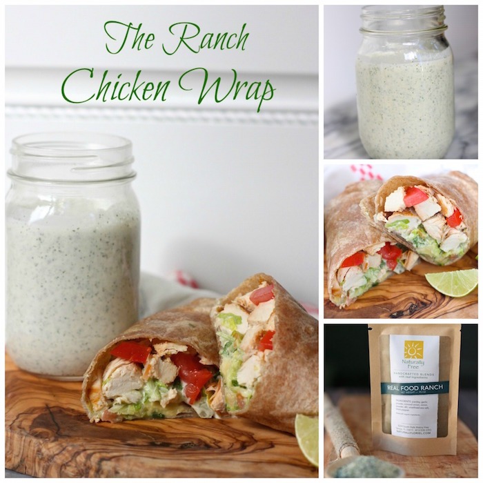 Ranch Chicken Wrap on wooden board with a jar of ranch dressing