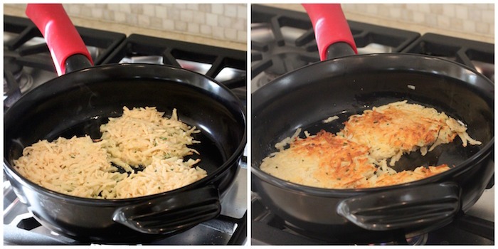 Hash brown fritters in a black pan for making Potato Avocado "Toast" With Perfectly Poached Eggs