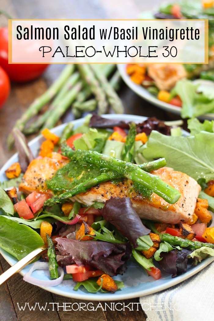 Salmon Salad with Basil Vinaigrette on blue plate set on wood table