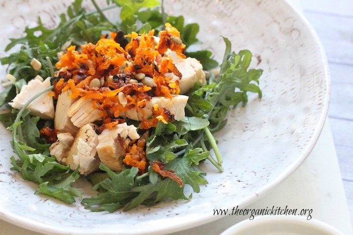 Baby Kale Chicken Salad with Crispy Sweet Potatoes